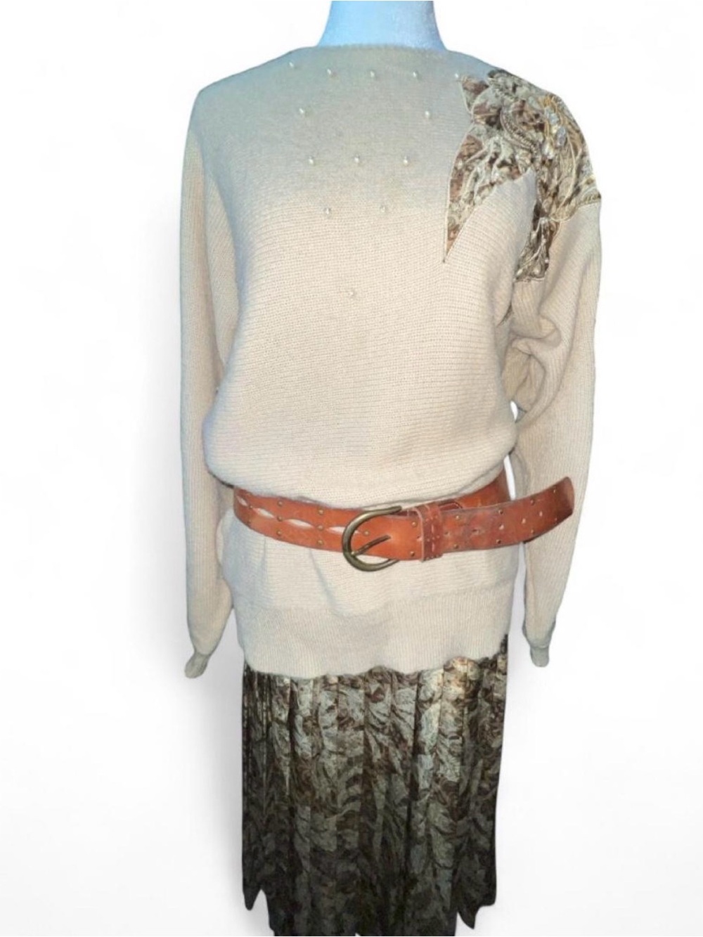 Vintage 70s Beige Knit Sweater with Decorative Shoulder & Matching Skirt